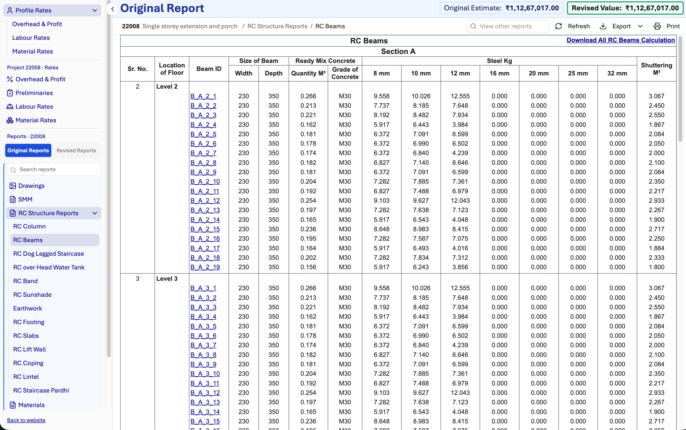 Sample project dashboard showing the RC Beams report, quantities and project rates
